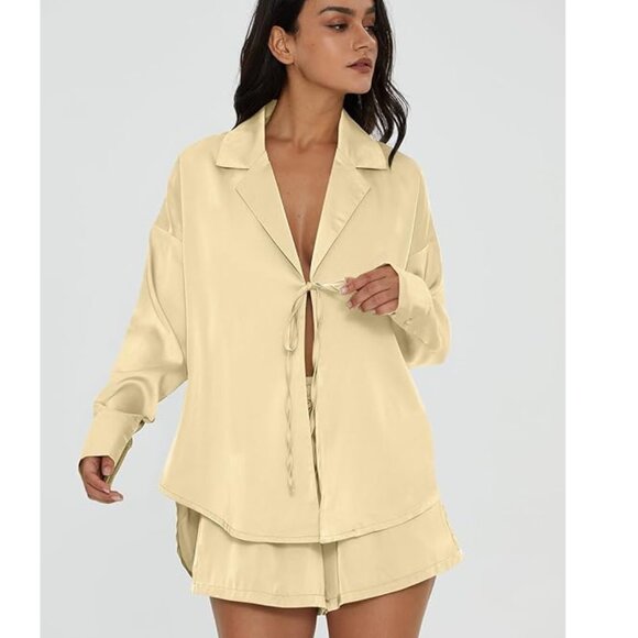 Satin Pajama Set 2 Piece Loungewear Champagne Women L - Picture 3 of 7